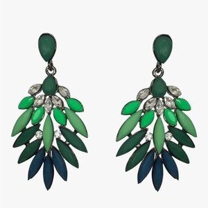 Green Blue Rhinestone and Resin Post Back Long Dangle Earrings